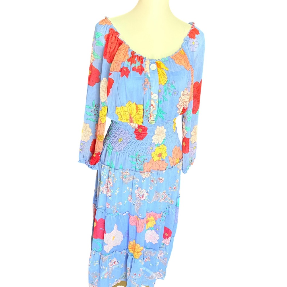 Figueroa‎ & Flower Blue Floral Smocked Waist Tiered Maxi Dress Size L Bohemian